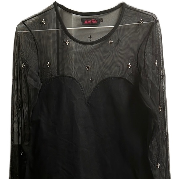 Motel Rocks, 74% Cotton, Long Sleeves, Cowl Neckline Dress, Black/Design, Large - Picture 3 of 7